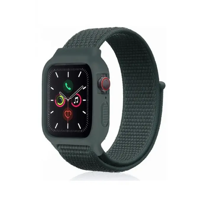 Lopard Apple Watch 42mm Hasırlı Cırtcırtlı Kasalı Kordon - Haki Yeşil