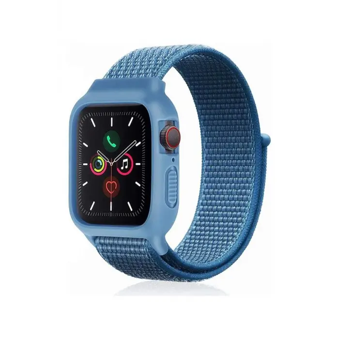 Lopard Apple Watch 42mm Hasırlı Cırtcırtlı Kasalı Kordon - Mavi
