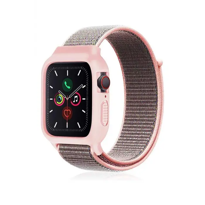 Lopard Apple Watch 42mm Hasırlı Cırtcırtlı Kasalı Kordon - Pembe