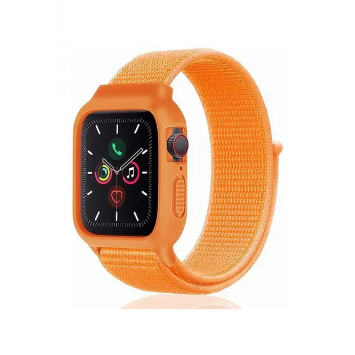 Lopard Apple Watch 42mm Hasırlı Cırtcırtlı Kasalı Kordon - Turuncu