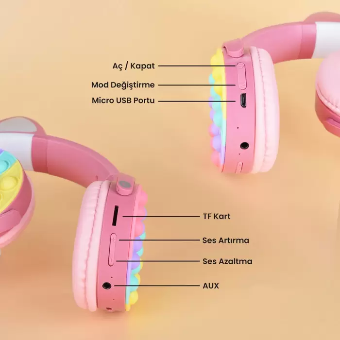 Lopard CXT-950 RGB Led Işıklı Kedi Kulağı Band Tasarımı Ayarlanabilir Katlanabilir Kulak Üstü Bluetooth Kulaklık