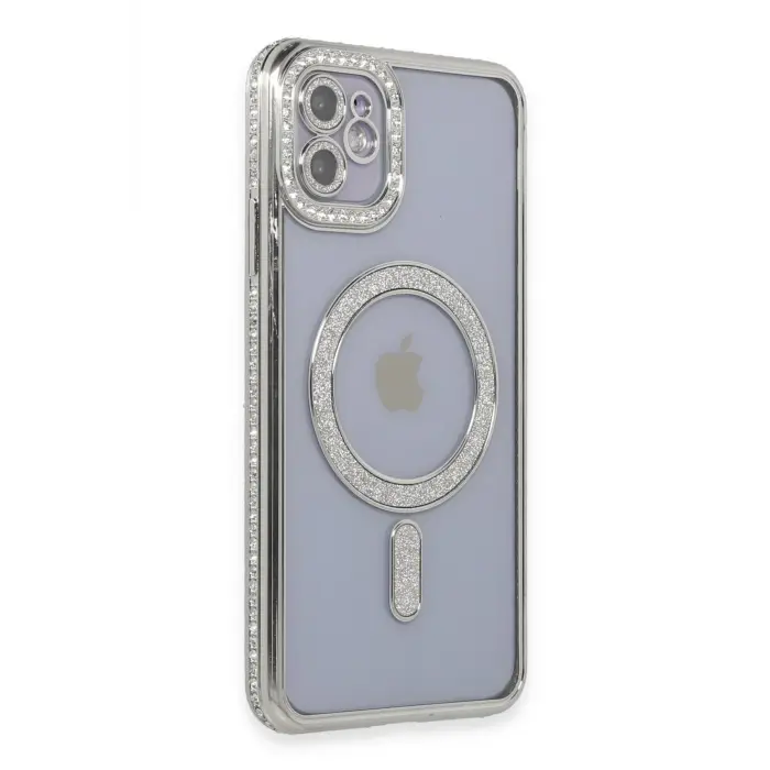 Lopard İphone 11 Kılıf Joke Simli Magneticsafe Kılıf - Gümüş