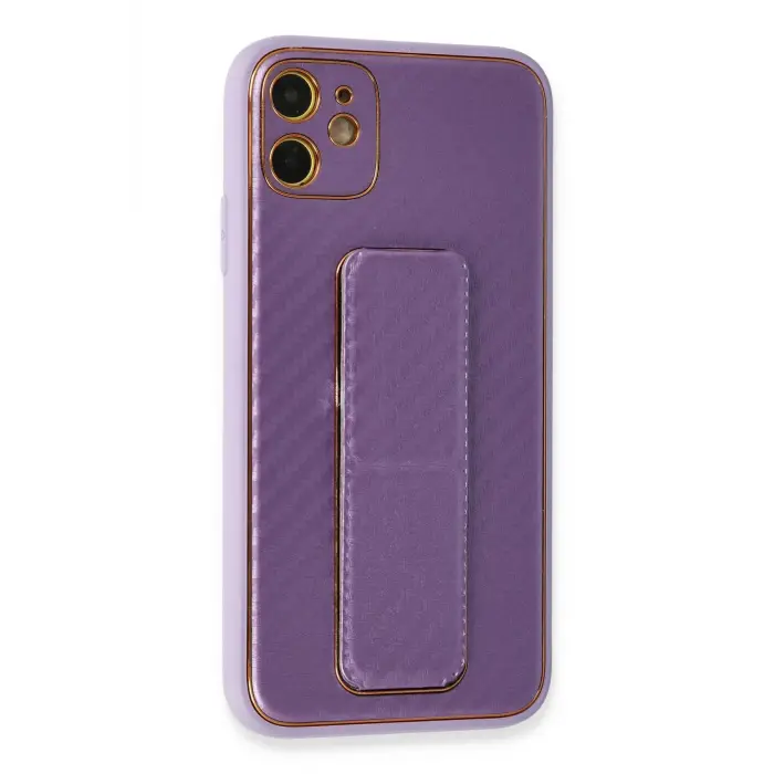 Lopard İphone 12 Kılıf Coco Karbon Standlı Kapak - Mor