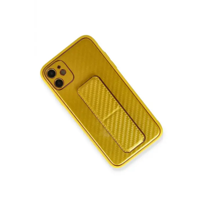Lopard İphone 12 Kılıf Coco Karbon Standlı Kapak - Sarı