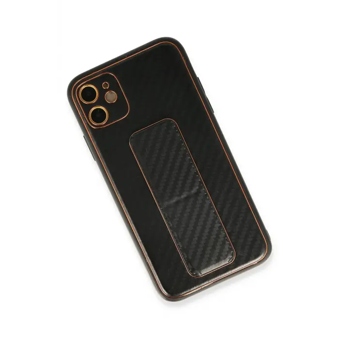 Lopard İphone 12 Kılıf Coco Karbon Standlı Kapak - Siyah