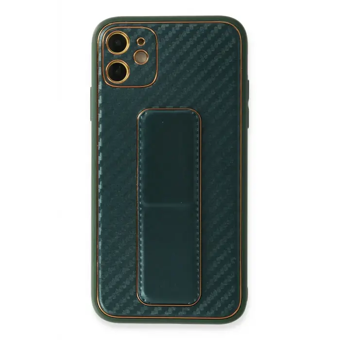 Lopard İphone 12 Kılıf Coco Karbon Standlı Kapak - Yeşil