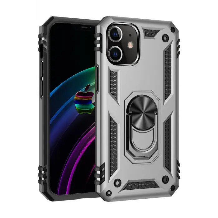 Lopard İphone 12 Kılıf Sofya Yüzüklü Silikon Kapak - Gümüş