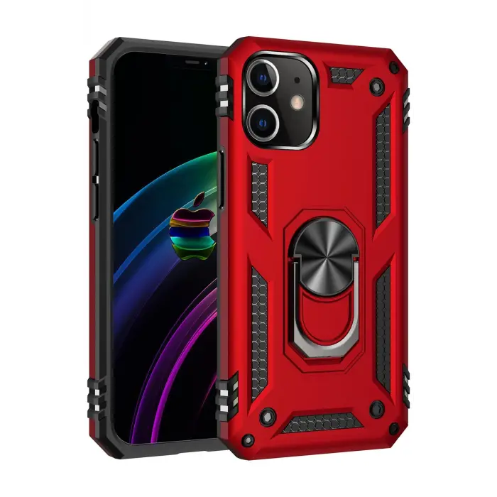 Lopard İphone 12 Kılıf Sofya Yüzüklü Silikon Kapak - Kırmızı