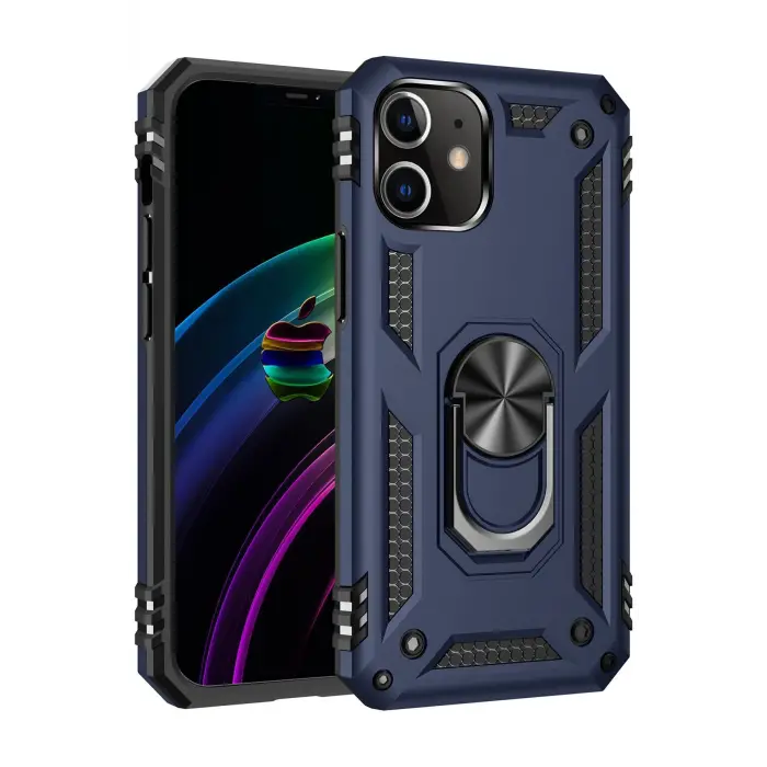 Lopard İphone 12 Kılıf Sofya Yüzüklü Silikon Kapak - Lacivert