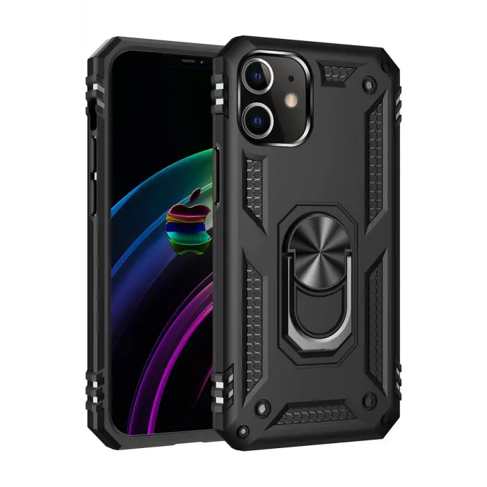 Lopard İphone 12 Kılıf Sofya Yüzüklü Silikon Kapak - Siyah