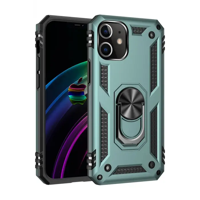 Lopard İphone 12 Kılıf Sofya Yüzüklü Silikon Kapak - Yeşil