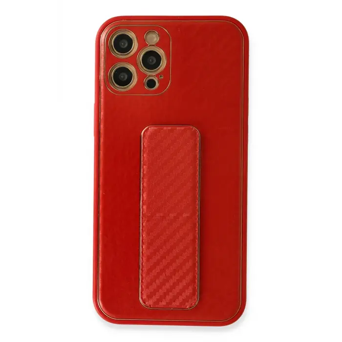 Lopard İphone 12 Pro Kılıf Coco Karbon Standlı Kapak - Kırmızı