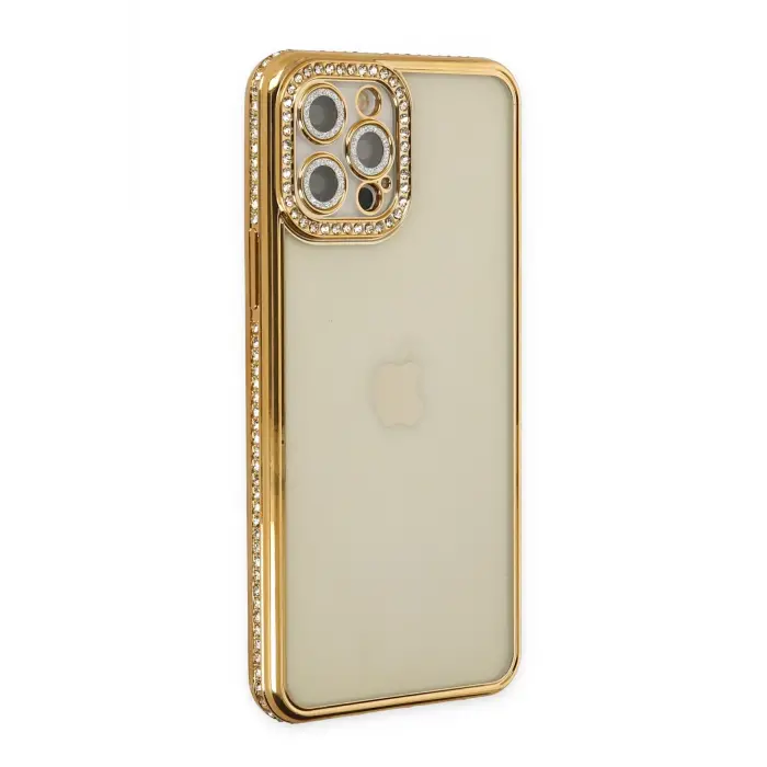 Lopard İphone 12 Pro Kılıf Joke Taşlı Silikon - Gold