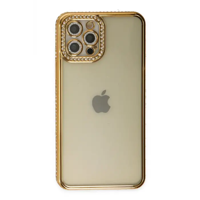 Lopard İphone 12 Pro Kılıf Joke Taşlı Silikon - Gold