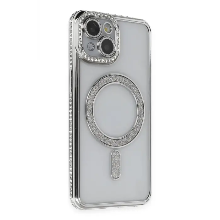 Lopard İphone 13 Kılıf Joke Simli Magneticsafe Kılıf - Gümüş