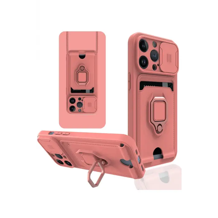 Lopard İphone 13 Pro Kılıf Zuma Kartvizitli Yüzüklü Silikon - Pembe