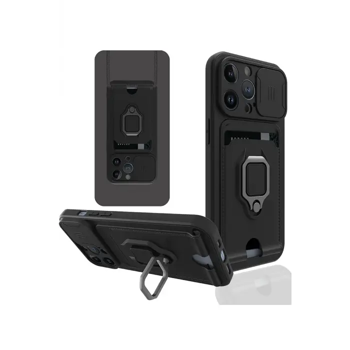 Lopard İphone 13 Pro Max Kılıf Zuma Kartvizitli Yüzüklü Silikon - Siyah