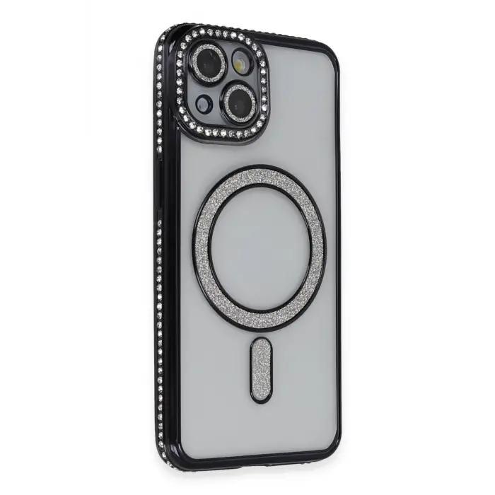 Lopard İphone 14 Kılıf Joke Simli Magneticsafe Kılıf - Siyah