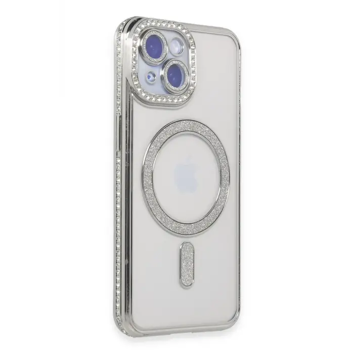 Lopard İphone 15 Kılıf Joke Simli Magneticsafe Kılıf - Gümüş