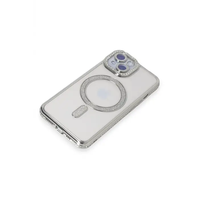 Lopard İphone 15 Kılıf Joke Simli Magneticsafe Kılıf - Gümüş