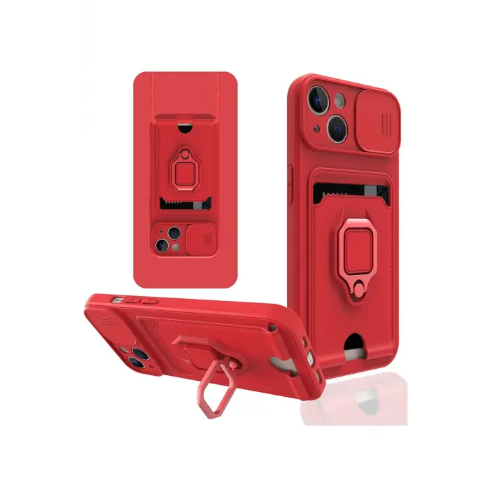 Lopard İphone 15 Kılıf Zuma Kartvizitli Yüzüklü Silikon - Kırmızı