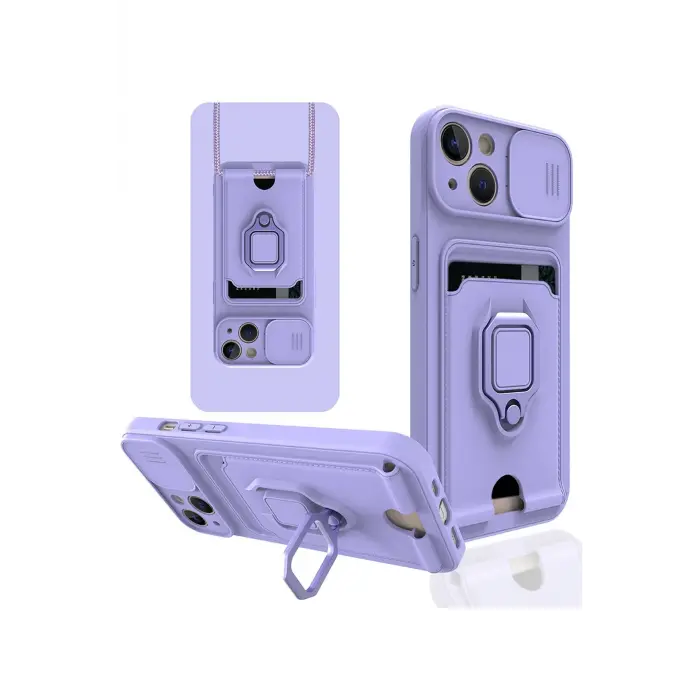 Lopard İphone 15 Kılıf Zuma Kartvizitli Yüzüklü Silikon - Lila
