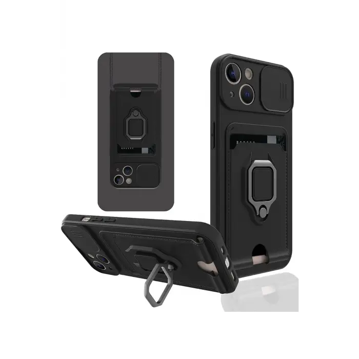 Lopard İphone 15 Kılıf Zuma Kartvizitli Yüzüklü Silikon - Siyah