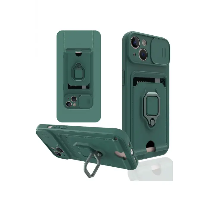 Lopard İphone 15 Kılıf Zuma Kartvizitli Yüzüklü Silikon - Yeşil