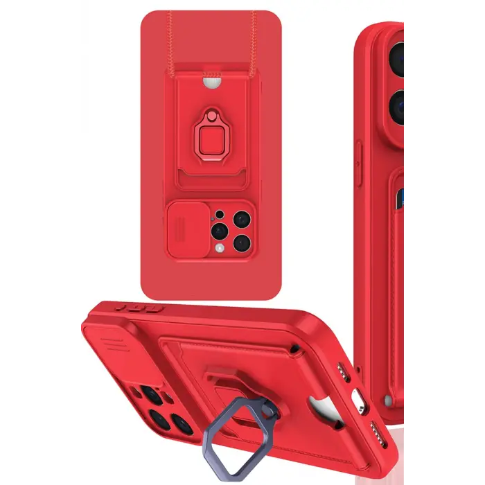 Lopard İphone 15 Pro Kılıf Zuma Kartvizitli Yüzüklü Silikon - Kırmızı