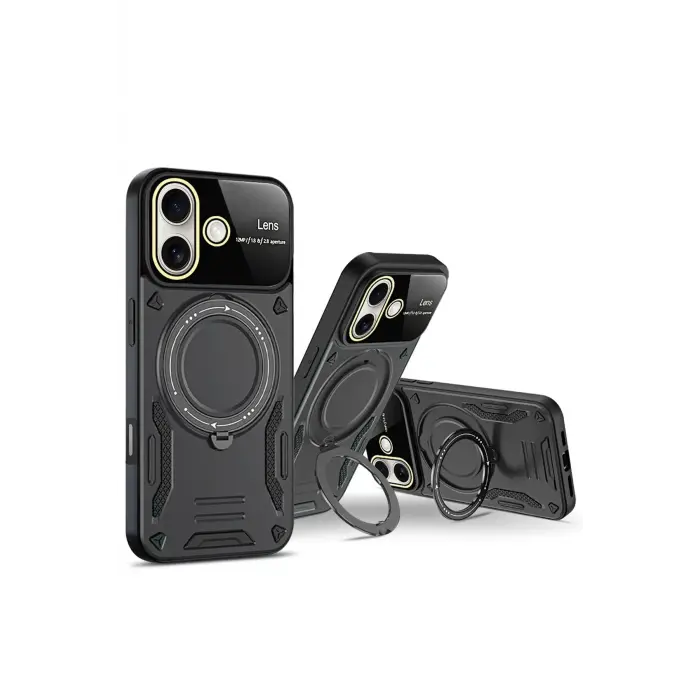 Lopard İphone 16 Kılıf Joy Lens Standlı Kapak - Siyah