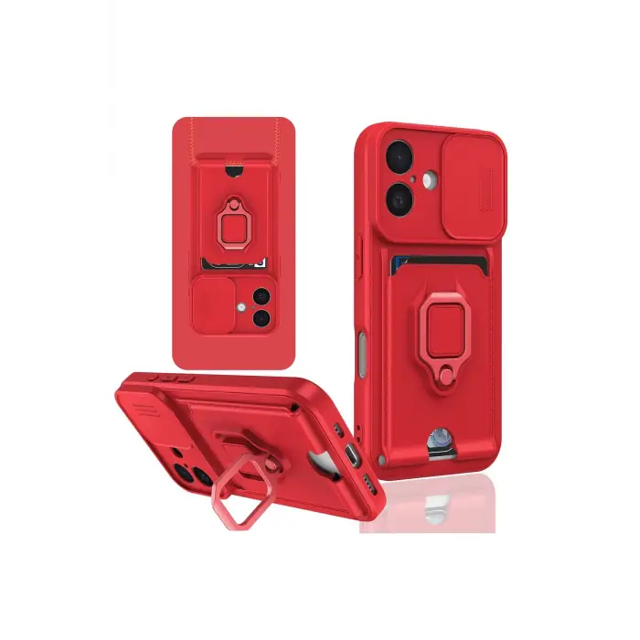 Lopard İphone 16 Kılıf Zuma Kartvizitli Yüzüklü Silikon - Kırmızı