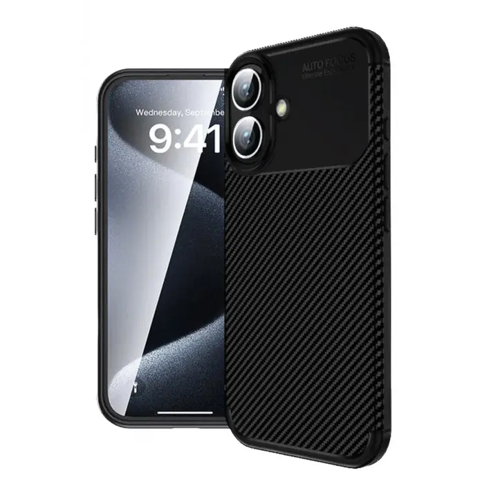 Lopard İphone 16 Plus Kılıf Auto Focus Karbon Kapak - Siyah