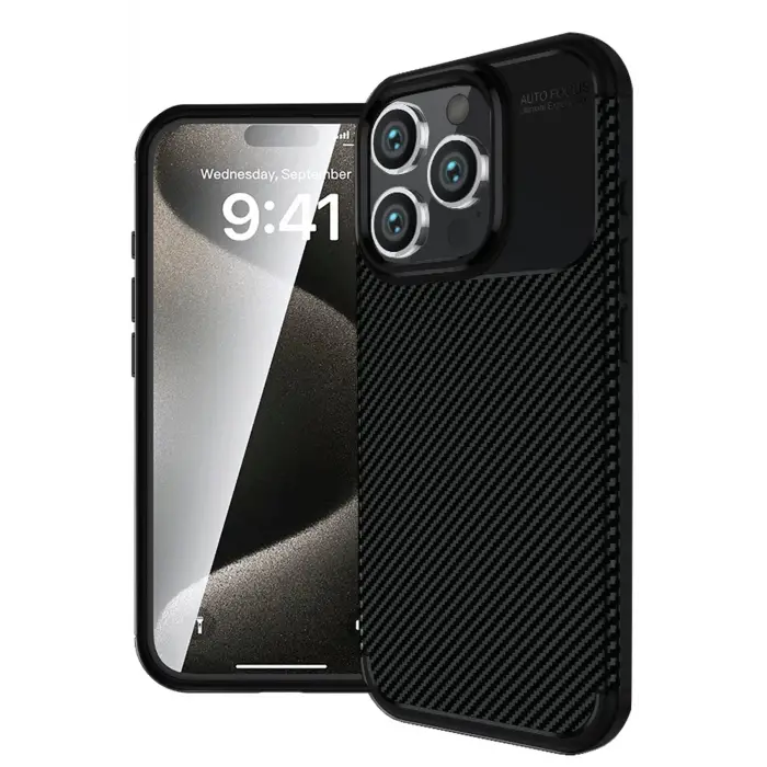 Lopard İphone 16 Pro Kılıf Auto Focus Karbon Kapak - Siyah