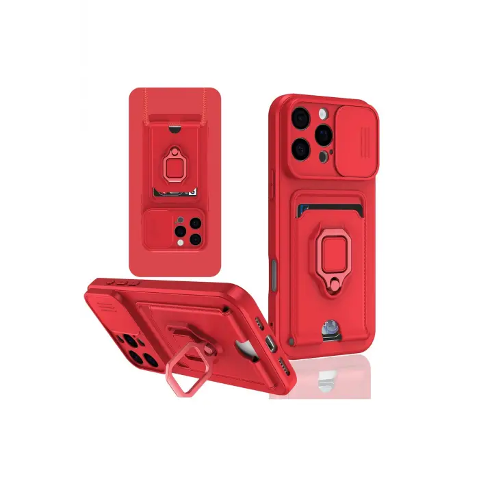 Lopard İphone 16 Pro Kılıf Zuma Kartvizitli Yüzüklü Silikon - Kırmızı