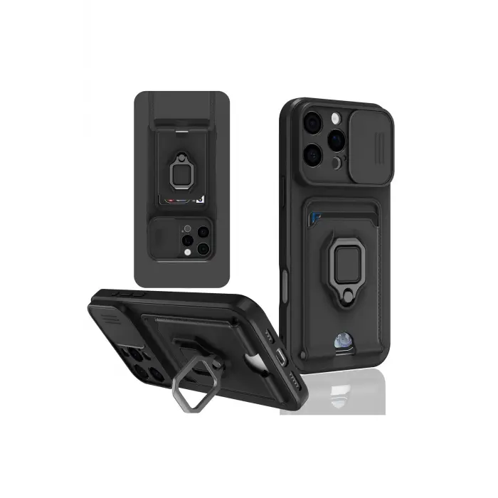 Lopard İphone 16 Pro Kılıf Zuma Kartvizitli Yüzüklü Silikon - Siyah