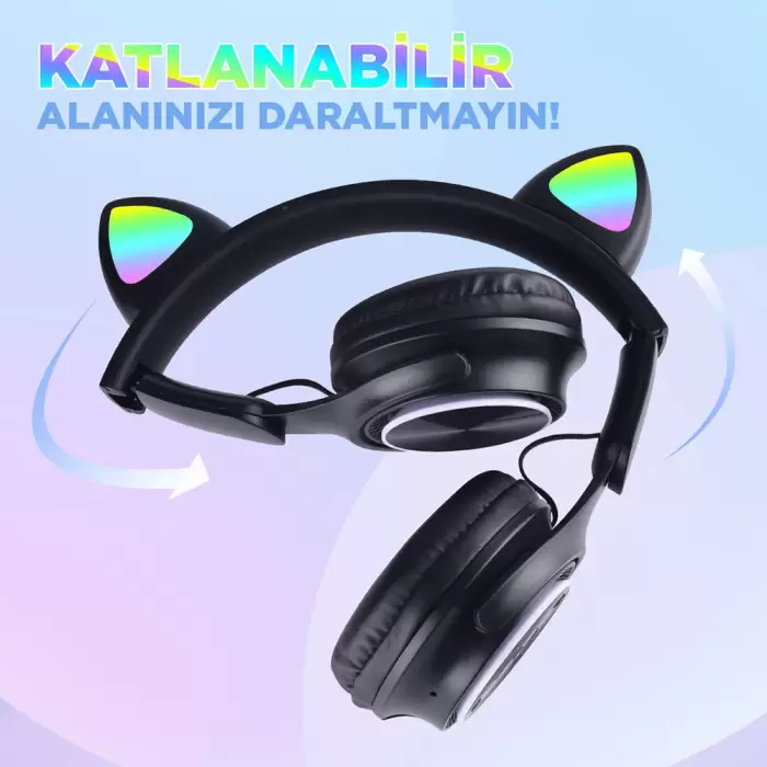 Lopard M6 Pro Cat RGB Led Işıklı Kedi Kulağı Band Tasarımlı Ayarlanabilir ve Katlanabilir Kulak Üstü Bluetooth Kulaklık