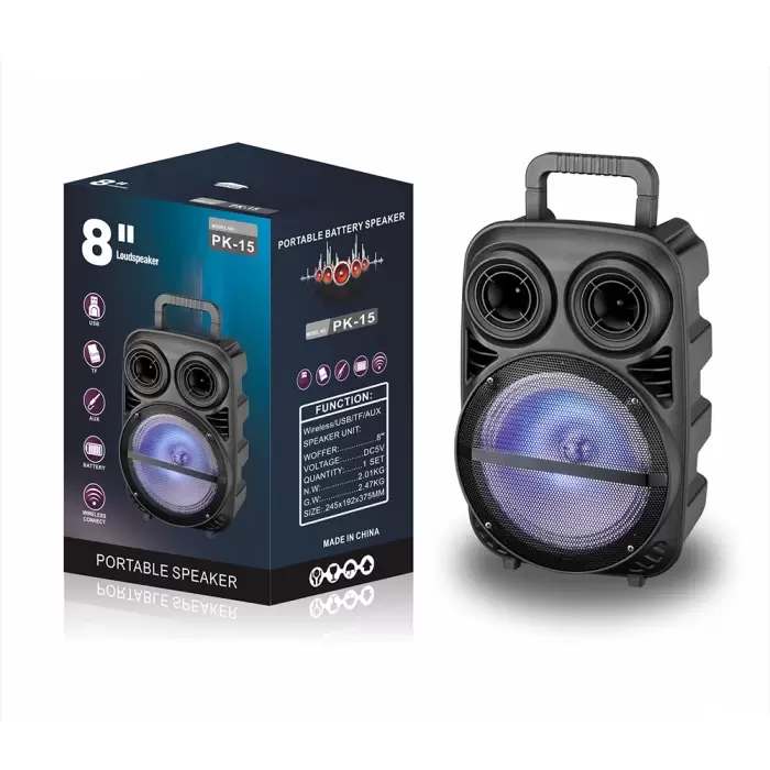 Lopard Pk-15 Fm Radyolu Mikrofonlu Rgb Tws 8 İnç Stereo Bass Kablosuz Karaoke Hoparlör