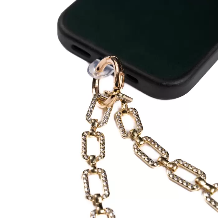 Lopard Taş İşlemeli Metal Zincir Cep Telefonu El Askısı 85cm
