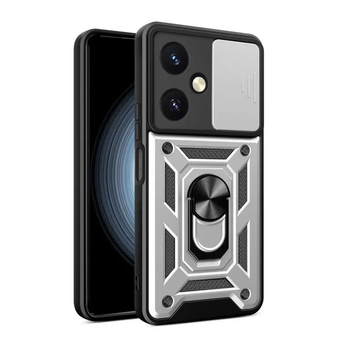 Lopard Vivo Y27 Kılıf Pars Lens Yüzüklü Silikon - Gümüş