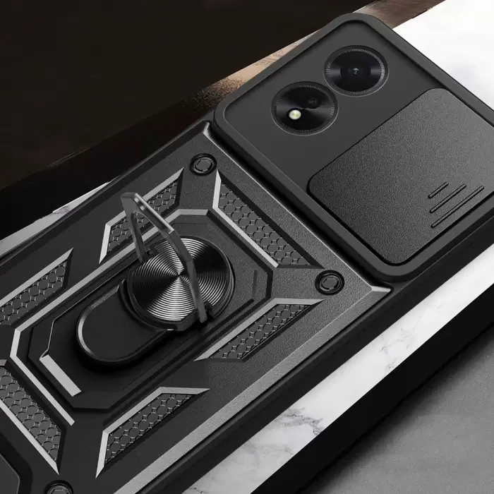 Oppo A38 Kılıf Magnetik Standlı Kamera Korumalı Lopard Sürgülü Kamera Korumalı Yüzüklü Tasarım Armor Vega