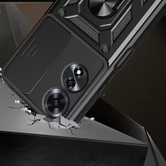Oppo A60 Kılıf Magnetik Standlı Kamera Korumalı Lopard Sürgülü Kamera Korumalı Yüzüklü Tasarım Armor Vega