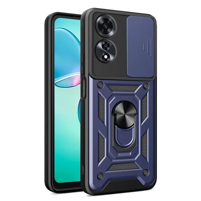 Oppo A60 Kılıf Magnetik Standlı Kamera Korumalı Lopard Sürgülü Kamera Korumalı Yüzüklü Tasarım Armor Vega