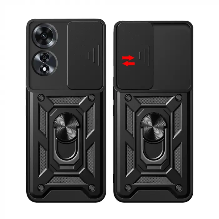 Oppo A60 Kılıf Magnetik Standlı Kamera Korumalı Lopard Sürgülü Kamera Korumalı Yüzüklü Tasarım Armor Vega
