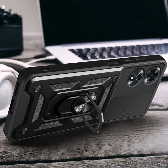 Oppo A60 Kılıf Magnetik Standlı Kamera Korumalı Lopard Sürgülü Kamera Korumalı Yüzüklü Tasarım Armor Vega