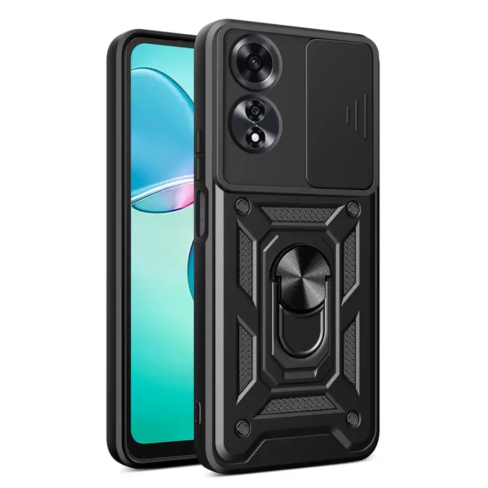 Oppo A60 Kılıf Magnetik Standlı Kamera Korumalı Lopard Sürgülü Kamera Korumalı Yüzüklü Tasarım Armor Vega