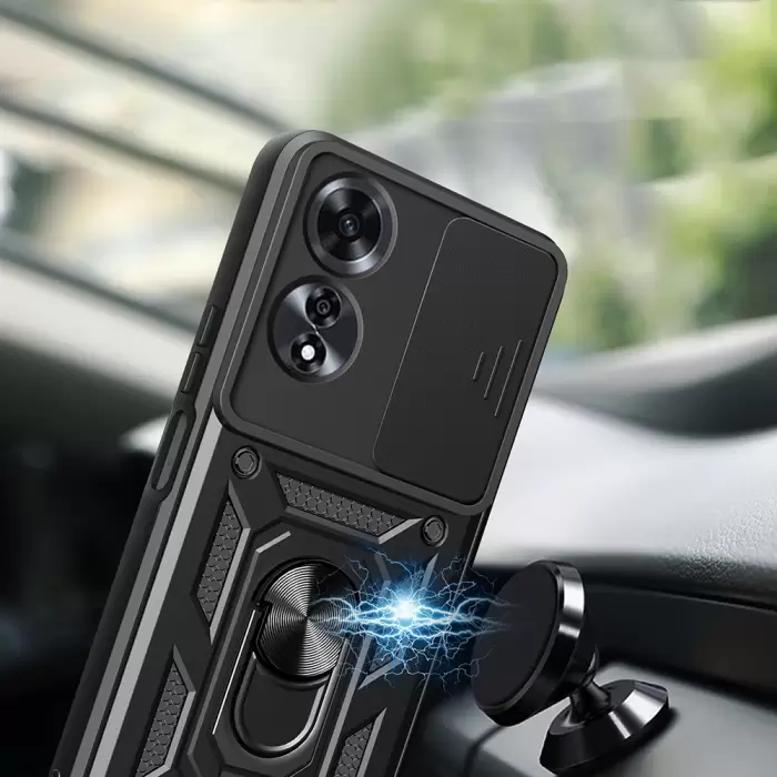 Oppo A60 Kılıf Magnetik Standlı Kamera Korumalı Lopard Sürgülü Kamera Korumalı Yüzüklü Tasarım Armor Vega