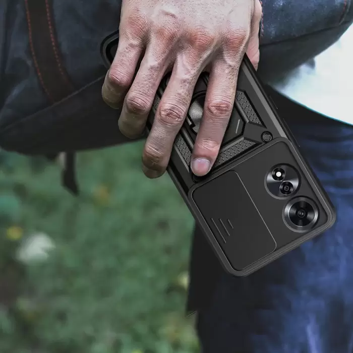 Oppo A60 Kılıf Magnetik Standlı Kamera Korumalı Lopard Sürgülü Kamera Korumalı Yüzüklü Tasarım Armor Vega