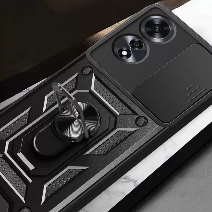 Oppo A60 Kılıf Magnetik Standlı Kamera Korumalı Lopard Sürgülü Kamera Korumalı Yüzüklü Tasarım Armor Vega