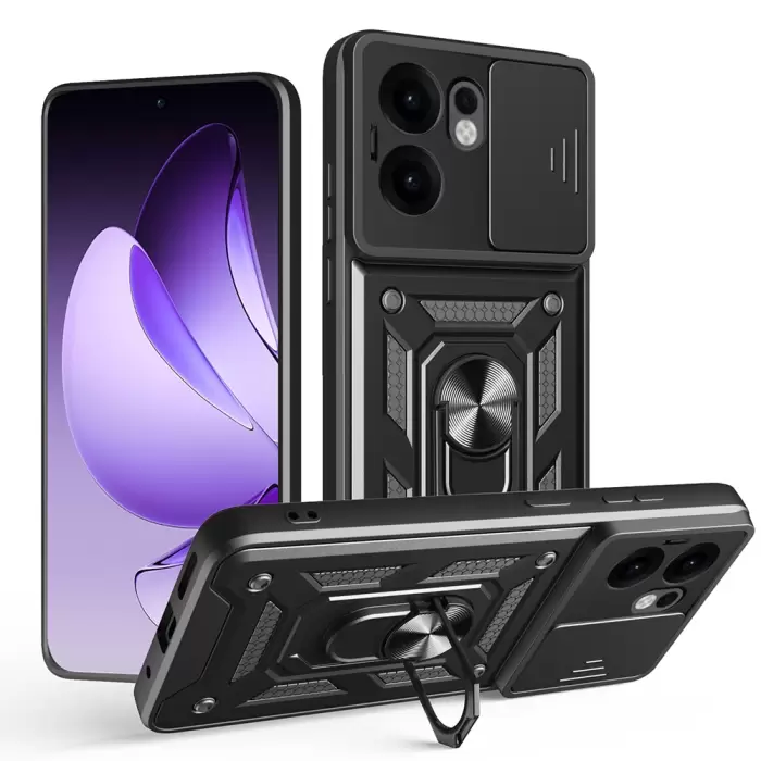 Oppo Reno 13f 5g Kılıf Magnetik Standlı Kamera Korumalı Lopard Sürgülü Kamera Korumalı Yüzüklü Tasarım Armor Vega