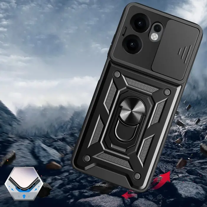 Oppo Reno 13f 5g Kılıf Magnetik Standlı Kamera Korumalı Lopard Sürgülü Kamera Korumalı Yüzüklü Tasarım Armor Vega